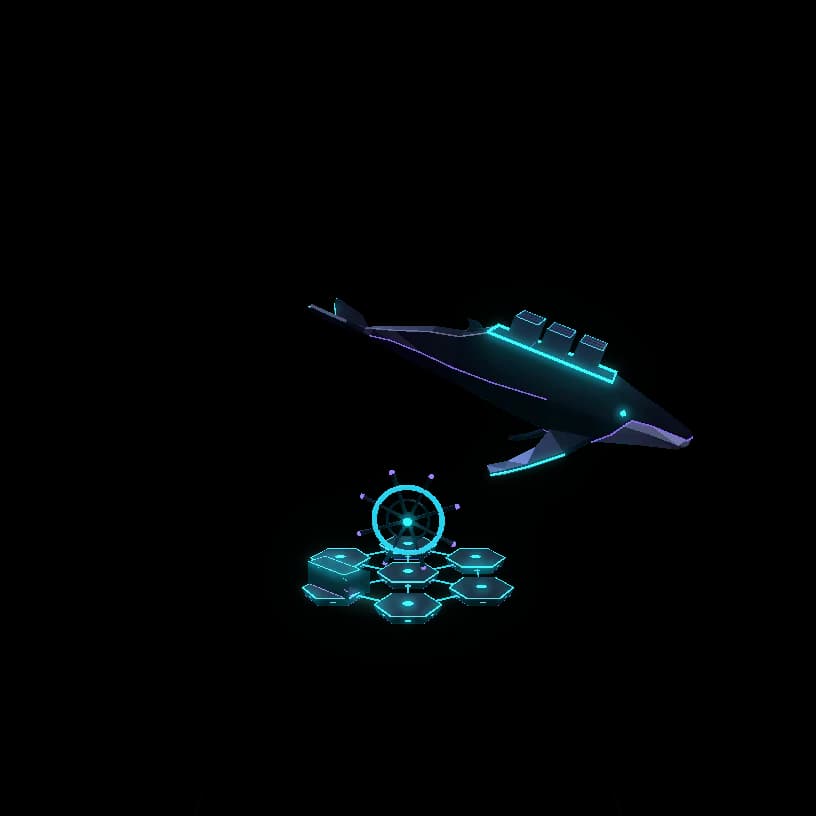A low-poly whale carrying three containers swims above a glowing hexagonal cluster with a ship's wheel.